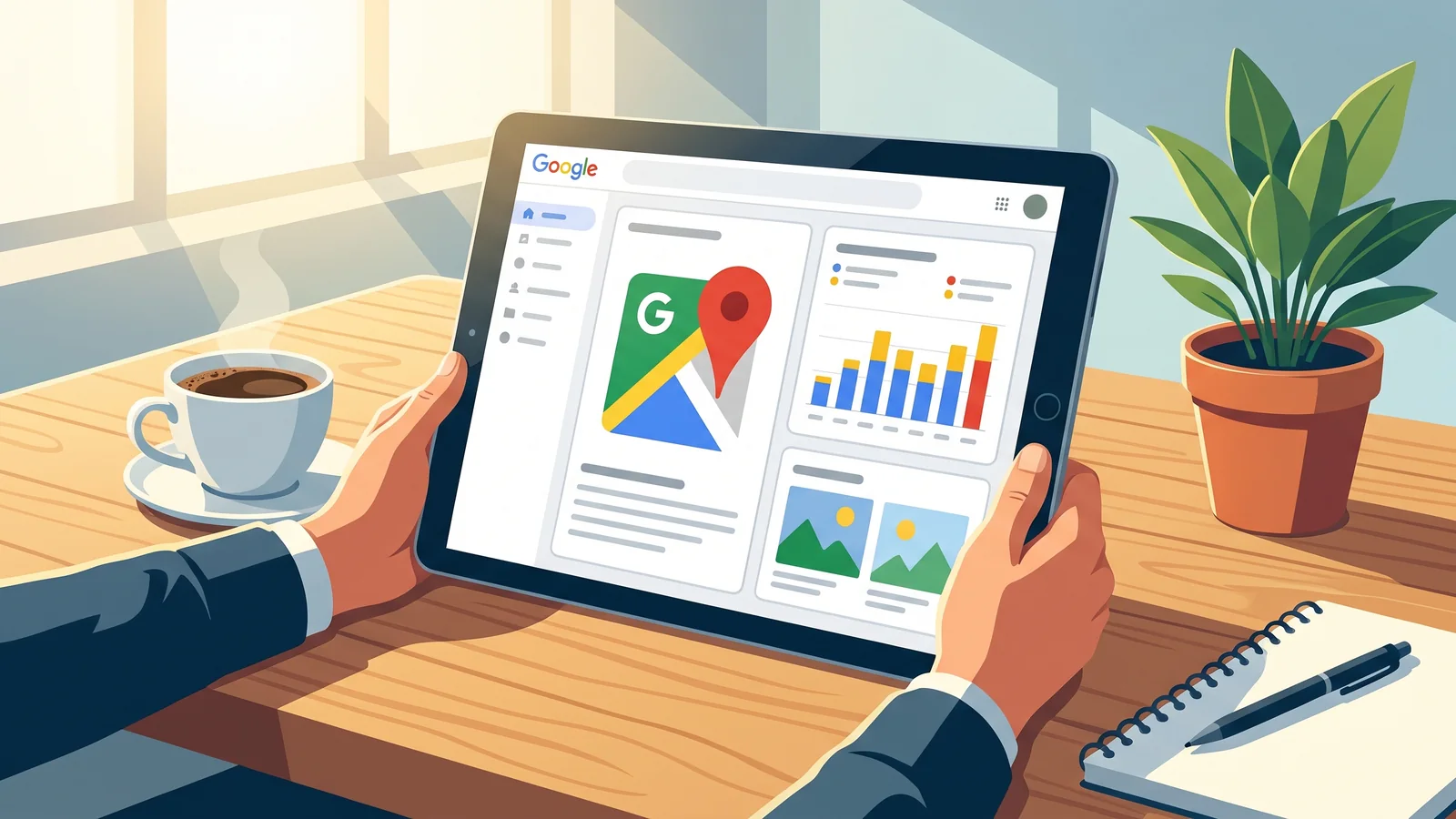 Dłonie trzymające tablet z otwartym panelem profilu firmy w Google: mapa, wykres skuteczności i zdjęcia