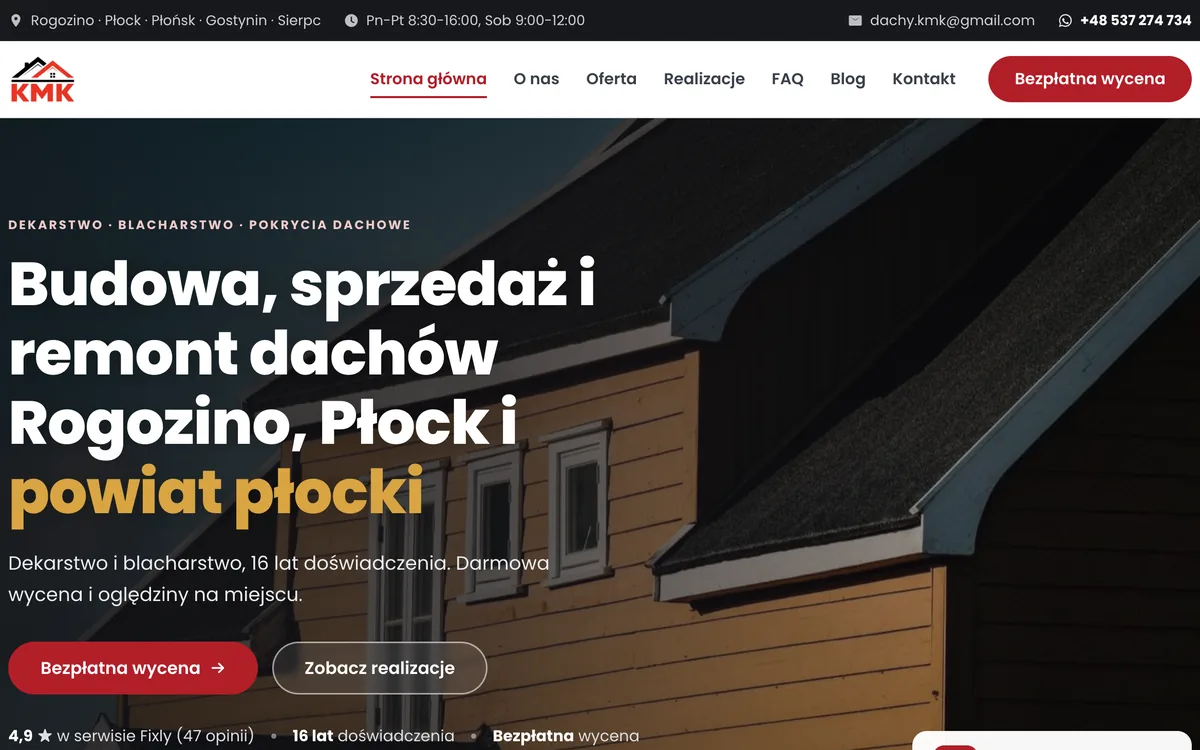 Strona KMK Dachy zaprojektowana przez Impulseo